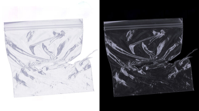 Transparent plastic zipper bag with torn edge, wrinkled polyethylene texture on white and black background, damaged clear poly bag mockup