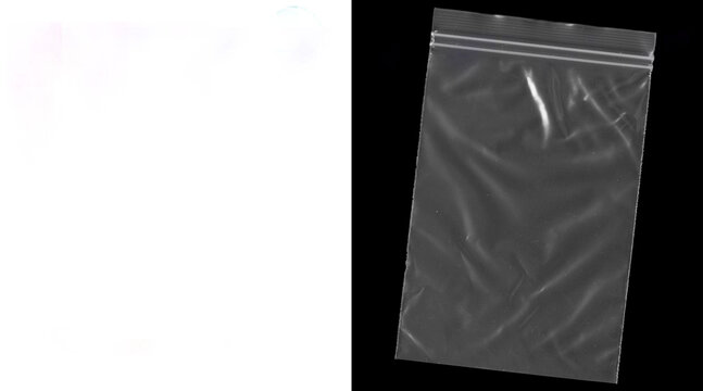 Transparent plastic zipper bag on black background, empty polyethylene zip lock pouch with wrinkles, clear synthetic storage bag for product packaging