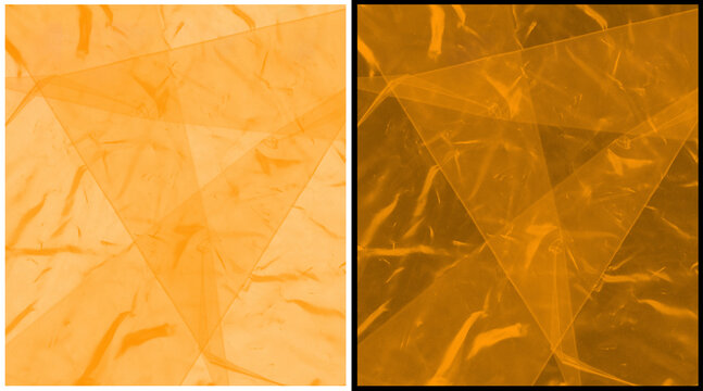 Orange crumpled paper texture with geometric triangle patterns, wrinkled amber parchment background, creased orange paper surface for graphic design