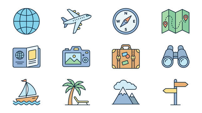 Travel icons depicting globe, airplane, compass, and map