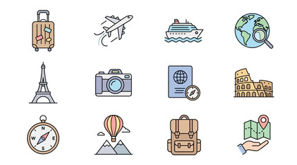 Travel icons representing adventure and exploration themes © KahKha
