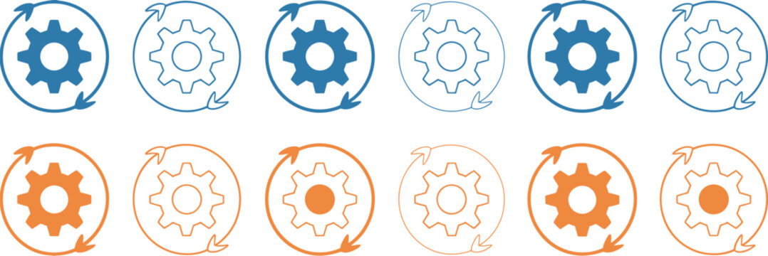 Sync process and workflow icon set featuring data synchronization symbols, arrows, and cycle line art for professional technology systems, data flow, and workflow management design, vector, designs