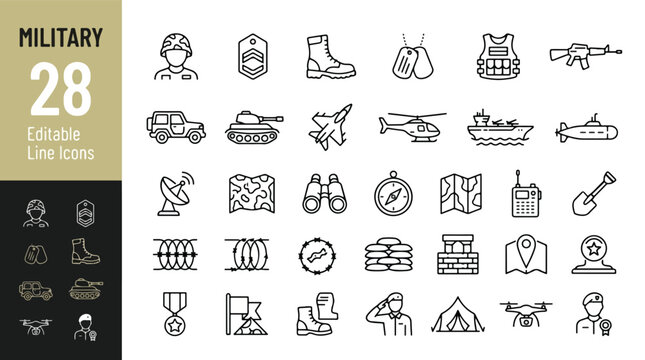 Military, army line icon set. Soldier, tank, fighter jet, weapon, navy ship, tactical gear, war equipment minimal vector illustration. Simple outline signs for defense forces. 48x48 Pixel Perfect. Edi