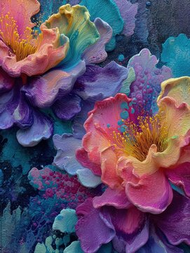 Abstract 3D textured oil acrylic impasto painting of vibrant colorful blooming flowers with thick layers of paint in pink purple blue yellow colors creating rich dynamic artistic pattern