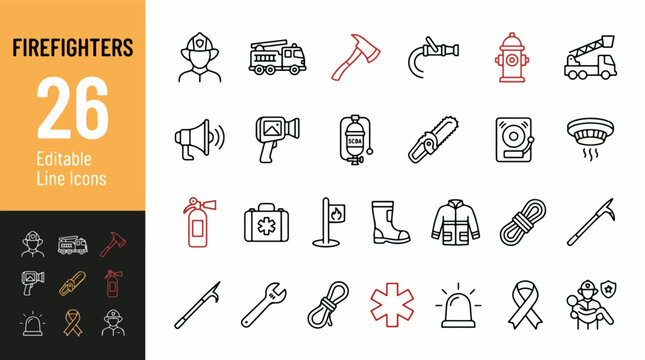 Firefighters and emergency rescue line icon set. Fire truck, hydrant, axe, extinguisher, smoke detector, alarm bell, first aid kit, siren minimal vector illustration. Simple outline signs. Editable St