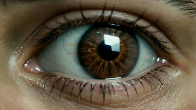 Macro Close Up Brown Human Eye with Sharp Iris Detail and Eyelashes for Vision Health Concept