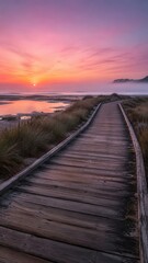 Fototapeta premium Wooden Boardwalk Leading To Misty Pink Beach Sunrise