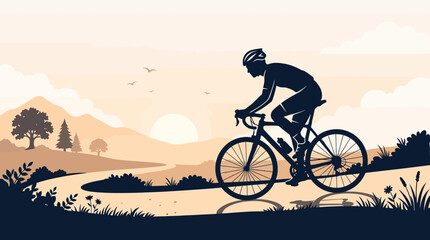 Obraz premium Cyclist silhouette riding bicycle on road with landscape at sunset