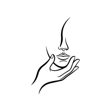 A hand gently touches a woman's lips in a serene illustration.