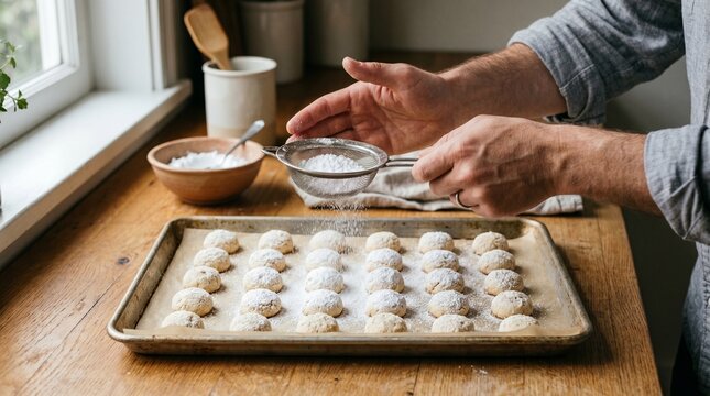 Baking process of putri salju cookies with powdered sugar dusting, ideal for recipe content, festive baking campaigns, culinary education, and bakery promotion.