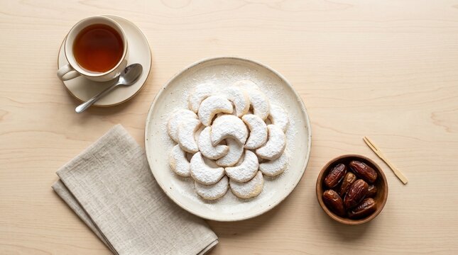Overhead Eid dessert scene with putri salju cookies, tea, and dates, perfect for Ramadan campaigns, festive menus, food blogs, and hospitality visuals.