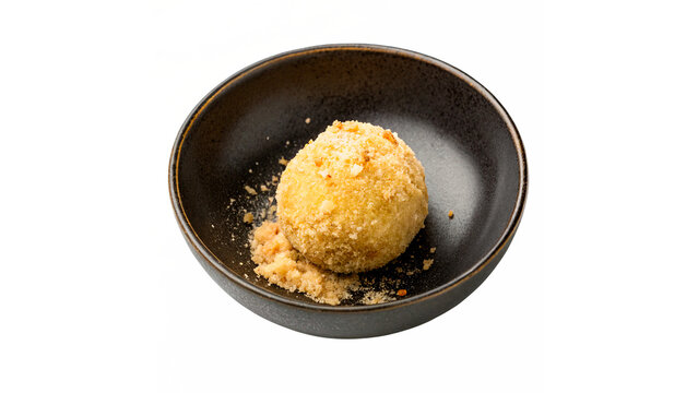 Single round fried golden cheese ball inside bowl on a transparent background