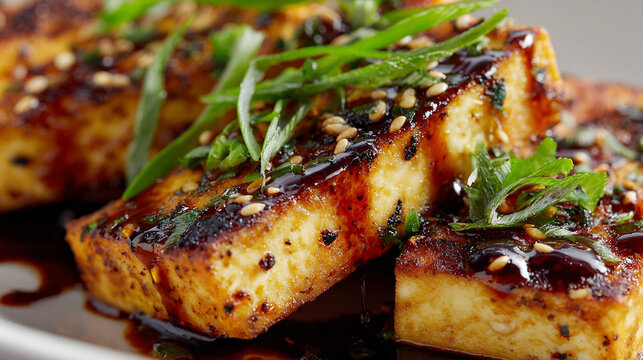 Close-up of Golden Seared Tofu Steak with Savory Soy Glaze and Green Onions