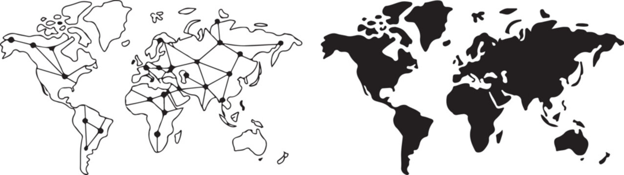 Connected world map outlines alongside solid black global silhouette continents featuring network nodes across international land.