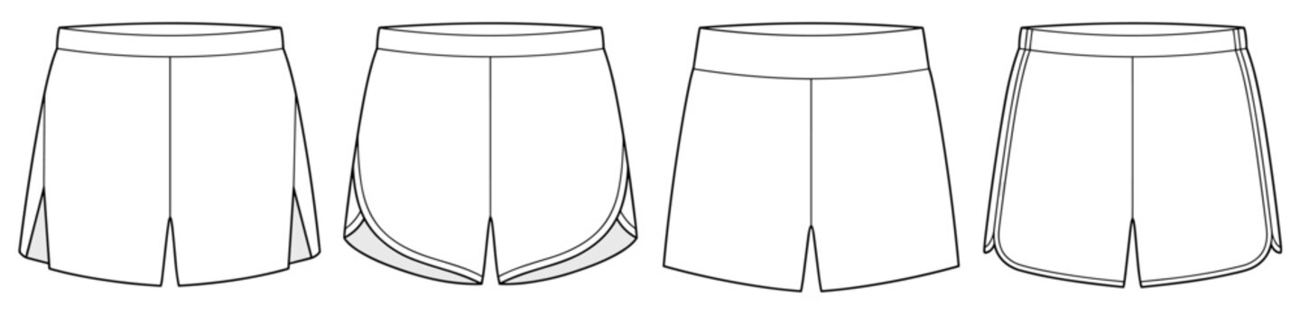 flat sketch set of running dolphin shorts with curved hem and side piping on transparent background. vector CAD mockup illustration.