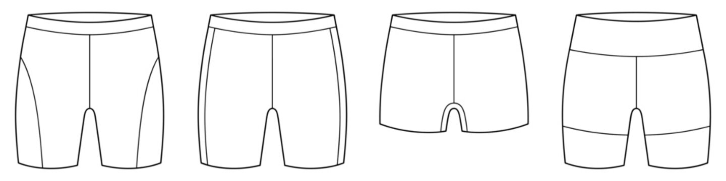 technical drawing set of unisex compression biker shorts with high waist on transparent background. flat sketch CAD mockup vector.