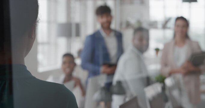 Presentation, woman and meeting with business team for coaching, discussion or question. Female person, speaker or group with hands raised for answer, interaction or engagement in glass office