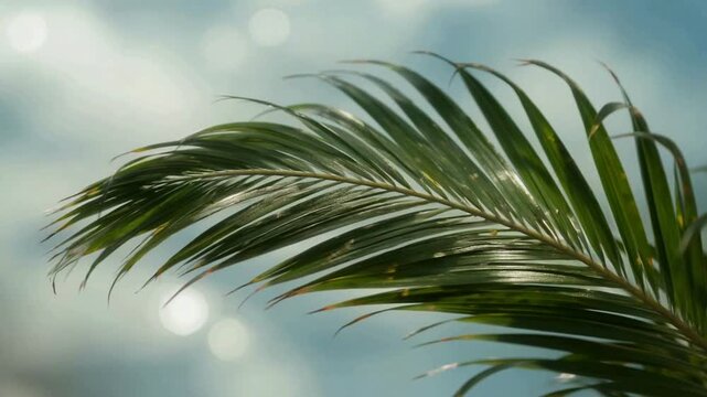 Palm Frond Against Bright Blue Sky for Tropical Summer Background