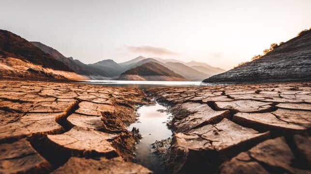Drought, cracked, earth, arid, dry, barren, water, landscape, climate, desert scene with shrinking water channel across parched terrain and distant mountains under warm sunlight and hazy sky