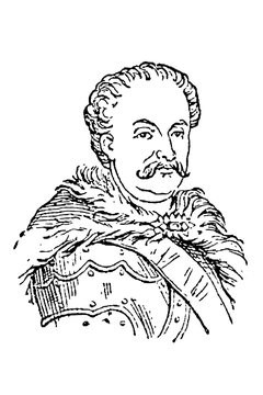 Jan Sobieski, King of Poland, with mustache, historical armor, fur cloak, old vintage illustration, 1897.