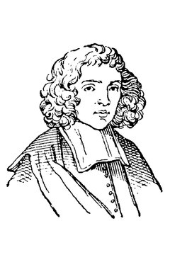 Baruch Spinoza (1632-1677), Dutch philosopher, portrait with curly dark hair, dark robe, white collar, old vintage illustration, 1897.