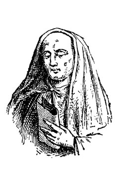 Suger (1082&ndash;1152), French abbot and statesman, Benedictine monk in hooded robe holding a book, contemplative solitude, old vintage illustration, 1897.