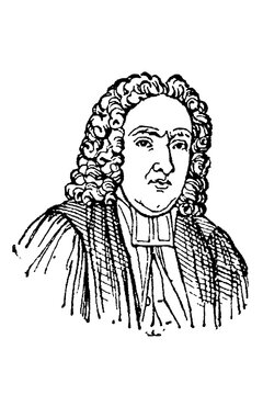 Jonathan Swift, Irish satirist, half‑length portrait with curly hair, robe, and cravat, old vintage illustration, 1897.