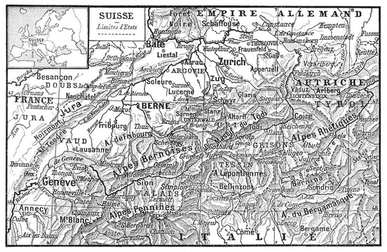 Map of Switzerland and surrounding regions, with detailed cantons, major cities, railways, lakes, and mountains, French text, old vintage illustration, 1897.