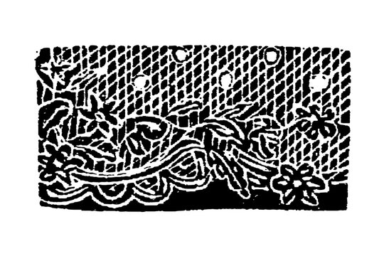 Lace design with floral and star motifs, black and white woodcut, old vintage illustration, 1897.