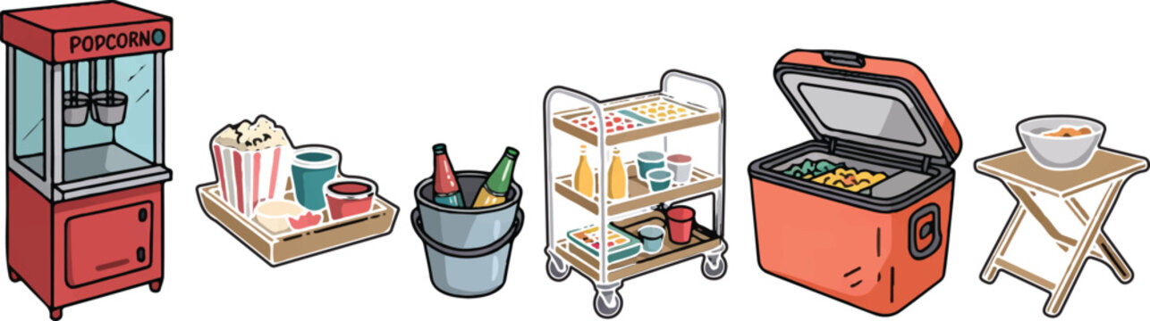 Concession stand items like popcorn machine cooler and serving cart for snacks and refreshments at events.