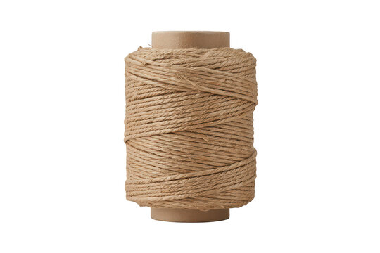 A single spool of thick brown jute twine wrapped tightly around a cardboard cylinder, isolated on a white background, for craft projects