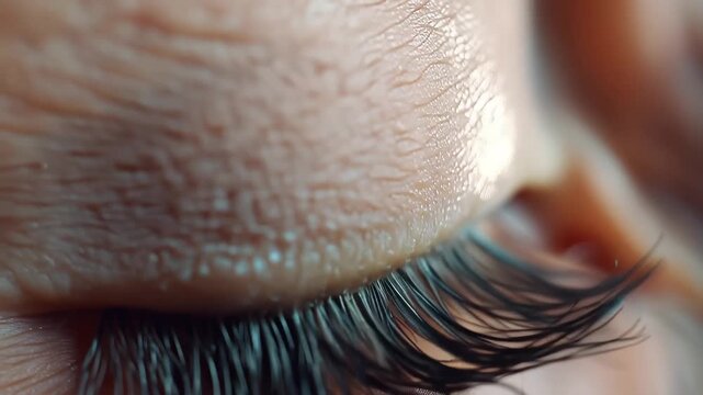 Close-up view of a female eye showing details of skin and eyelashes with focus on the iris and pupil during natural light