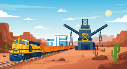 Freight Train Transportation in Desert Landscape Vector Illustration for Mining Industry Operations and Logistics Concept © Purnomo