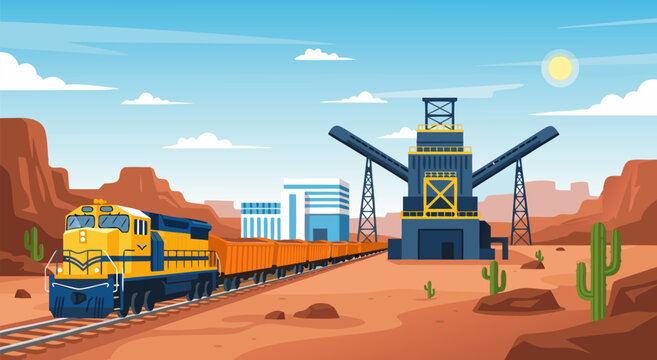 Freight Train Transportation in Desert Landscape Vector Illustration for Mining Industry Operations and Logistics Concept