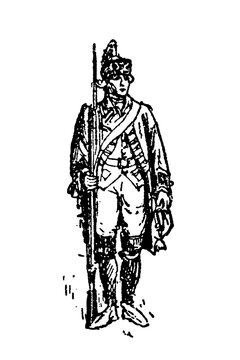 French dragoon from the reign of Louis XV, standing with rifle, historical military uniform, hat, coat, and boots, old vintage illustration.