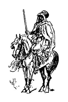 Spahi of the Armee d'Afrique on horseback, cloaked rider with sword, simple line drawing, old vintage illustration, 1897.