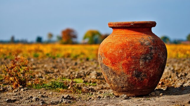 Rustic terracotta jar in a field.