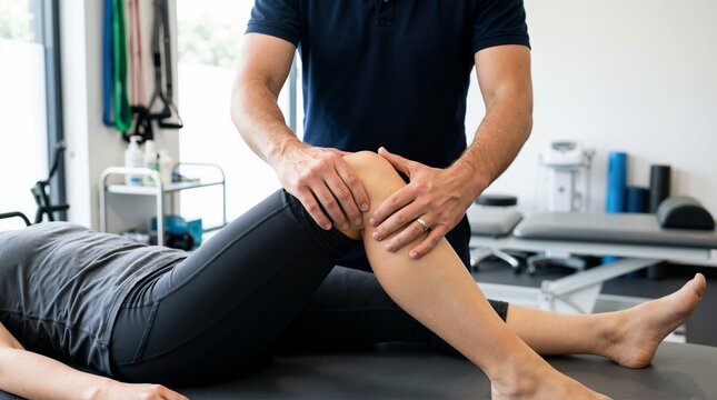 Physiotherapist examining a female patient's knee in a clinic. Physical therapy and joint rehabilitation concept. Close up of hands on knee joint