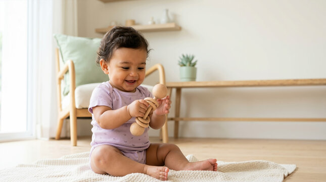 Joyful baby playing with wooden rattle on floor. Smiling infant sitting on blanket in bright living room. Early childhood development and play concept
