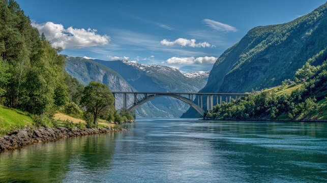 Scenic mountain bridge over fjord.