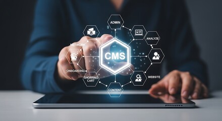 Fototapeta premium Cms content management system digital interface on tablet screen with management development business technology software