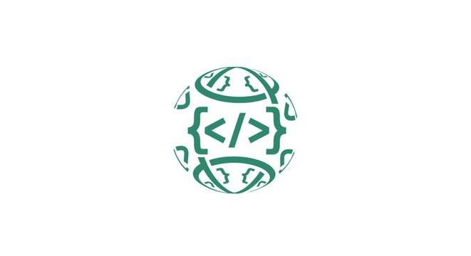 Green coding symbol on white background.