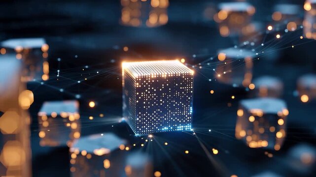 Blocks connect in a digital blockchain network showcasing big data and technology in a virtual space filled with connections and interactions