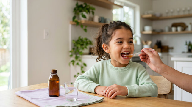 Young girl taking liquid medicine from a spoon in a bright kitchen. Cooperative child receiving syrup from an adult hand. Healthcare and wellness at home concept