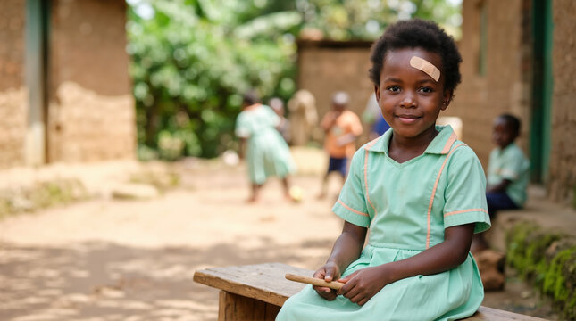 Young African girl with adhesive bandage on her forehead. Portrait of a child in a rural village setting. Healthcare and first aid concept