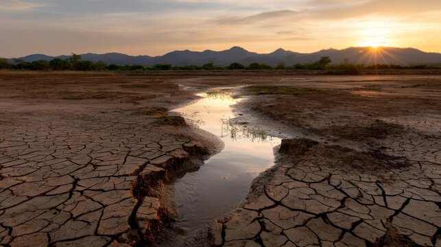 Drought, cracked, earth, arid, dry, barren, water, landscape, climate, desert scene with shrinking water channel across parched terrain and distant mountains under warm sunlight and hazy sky