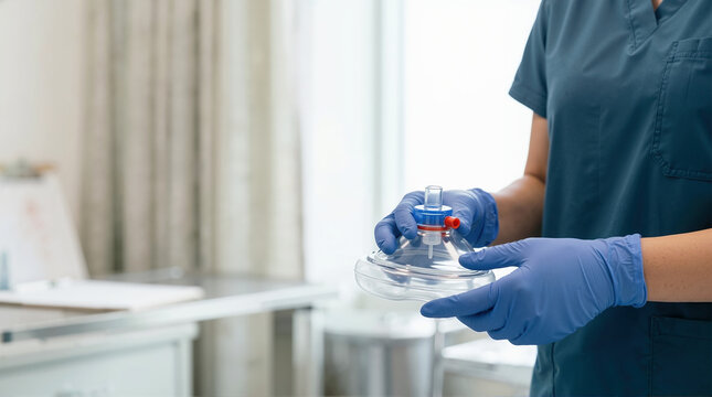 Healthcare worker holding a CPR resuscitation mask. Medical professional in blue scrubs and gloves with emergency life saving equipment. First aid and ventilation concept