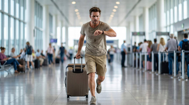 Man running with suitcase and checking watch in busy airport terminal  