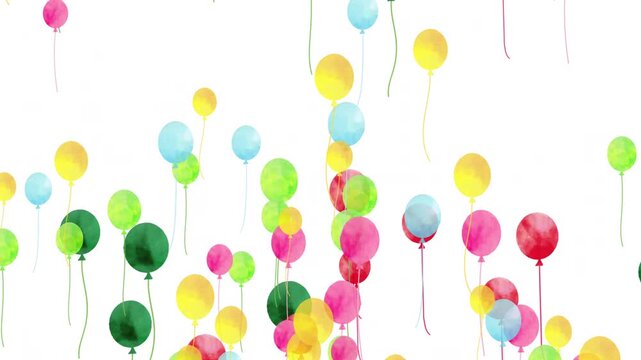 水彩風　いっぱいのカラフルなバルーンが下から上へ[背景白色] Happy Series:Watercolor style A multitude of colorful balloons floating from bottom to top [white background]