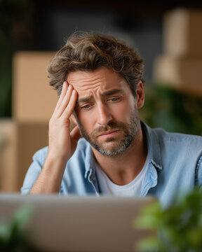 Frustration at Work: A man with a worried expression touches his forehead, looking down at a laptop with a furrowed brow, conveying stress and overload.